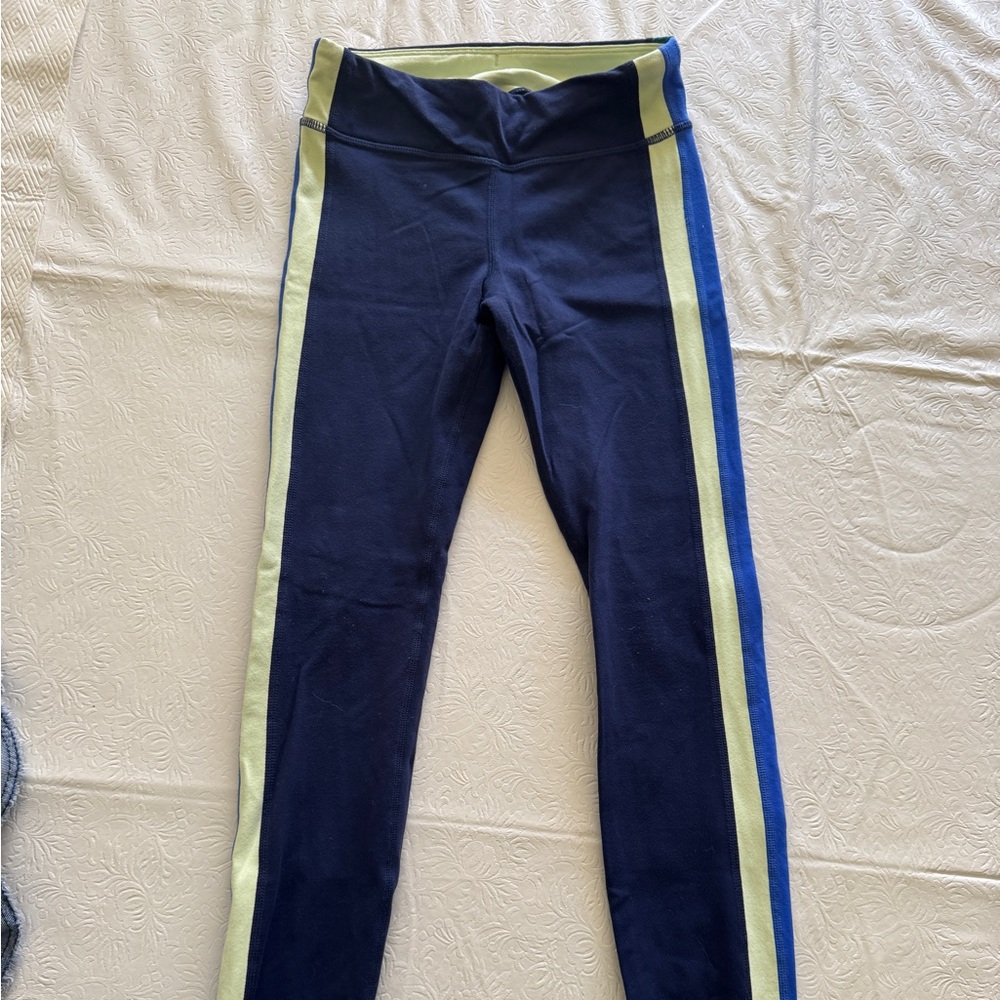 Athleta Navy Leggings with Lime and Royal Side Stripes